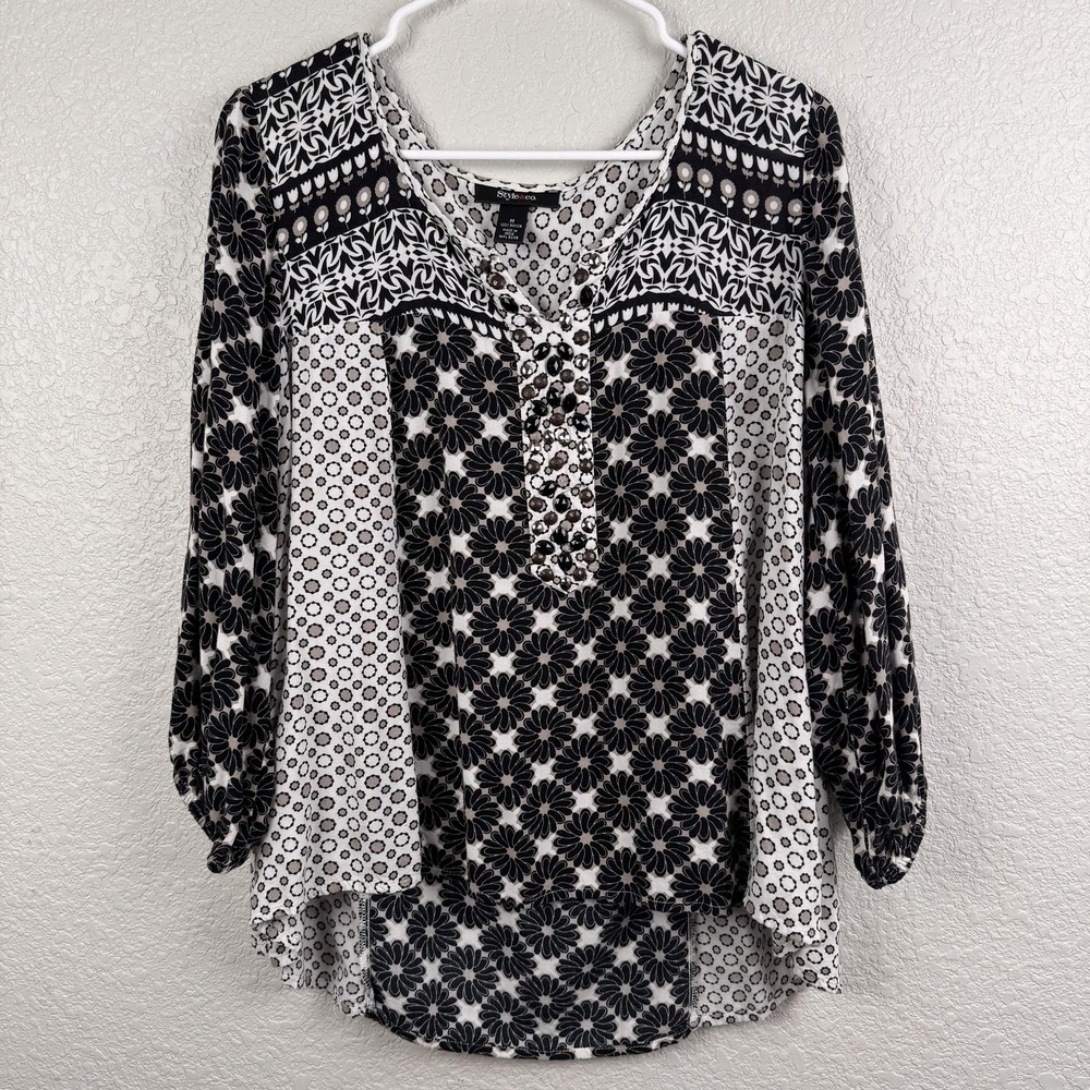 Style & Co Blouse Womens Medium Black White Boho Floral Print Tunic Beaded Trim